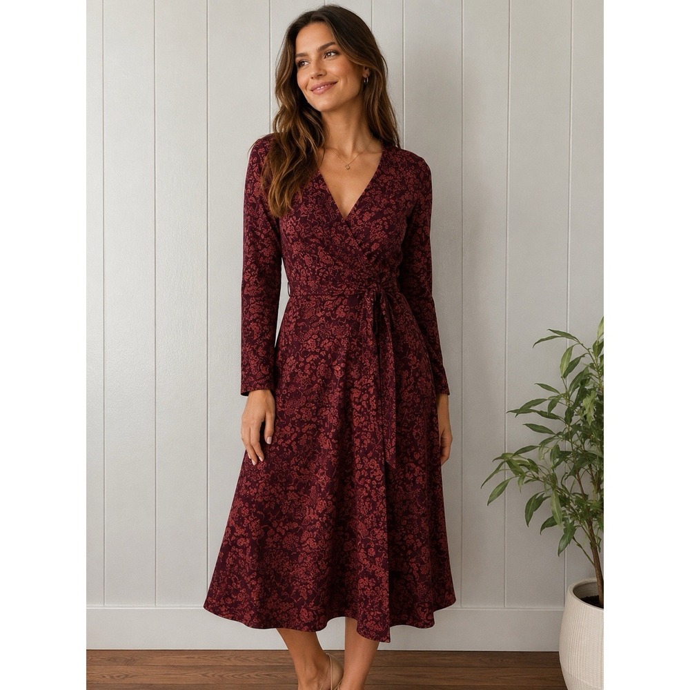 Pact Burgundy Floral Wrap Midi Dress